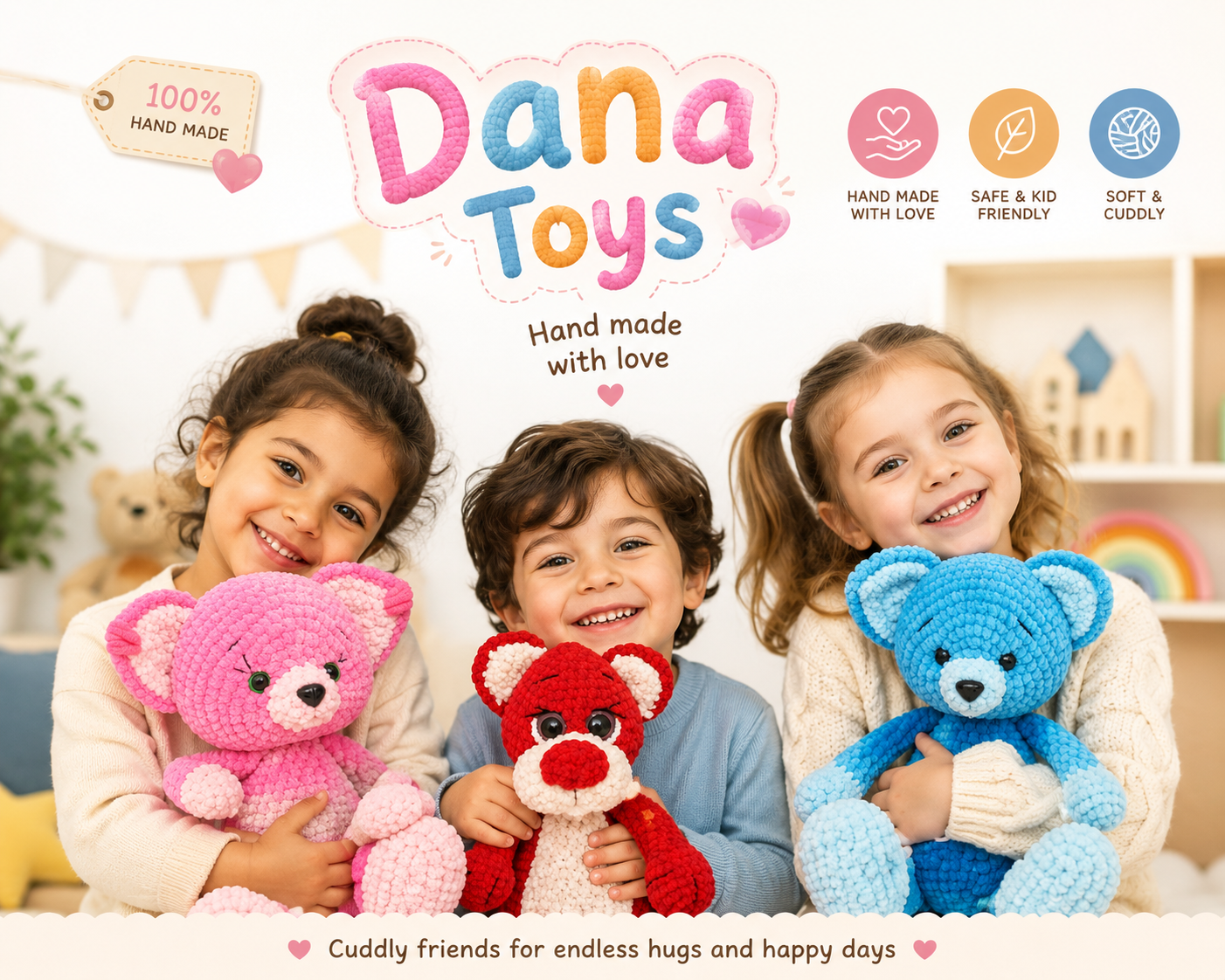 Dana Toys — kids smiling and holding handmade crochet toys